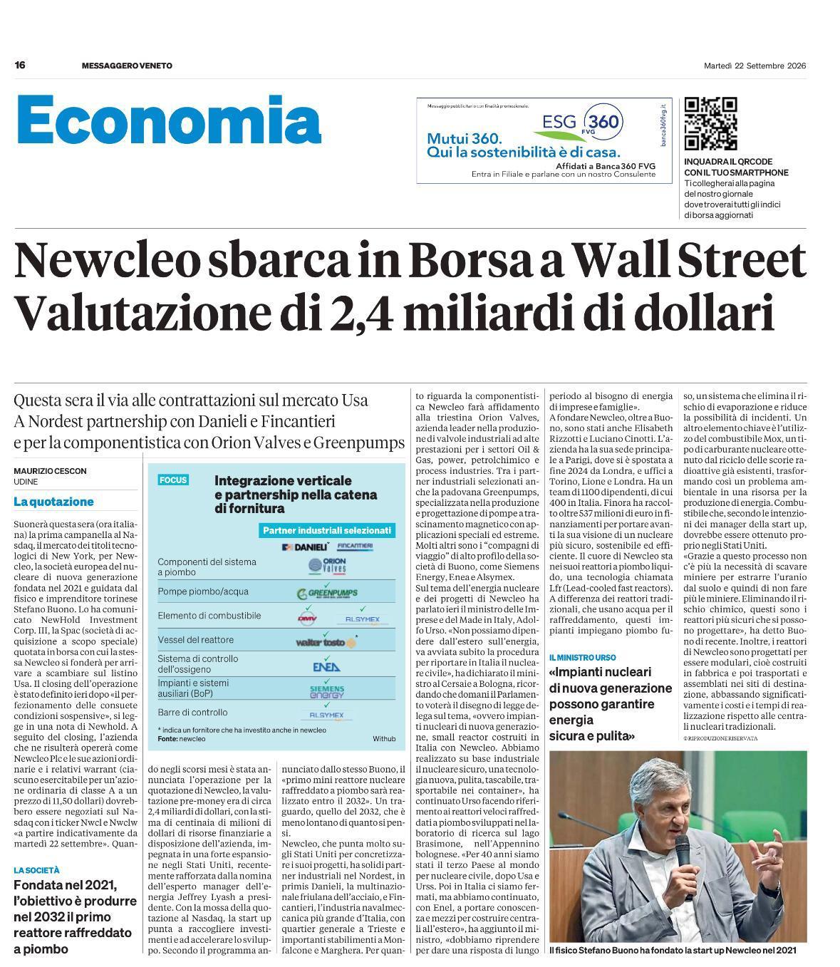 Rassegna stampa del Messaggero Veneto del 22 settembre 2026 sul progetto newcleo e la filiera industriale italiana
